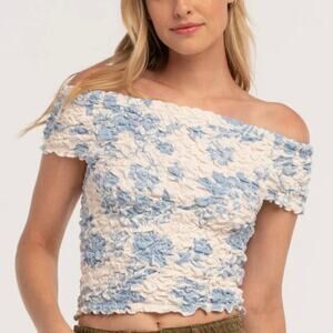 Free People Coquette Bubble Smocked Off-Shoulder Floral Cropped Dominique Top